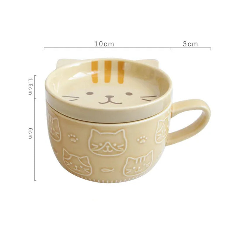Japanese Cartoon Cat Coffee Mug with Cat Pattern Lid Small Dish Cute Breakfast Cup Creative Coffee Cup Milk Cup Gift for Girl